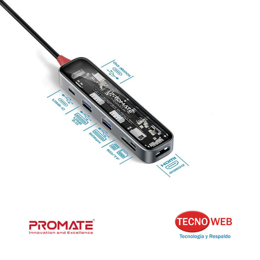 Hub Promate TransHub-lite 7 En 1 USB-C HDMI USB 3.0  SD