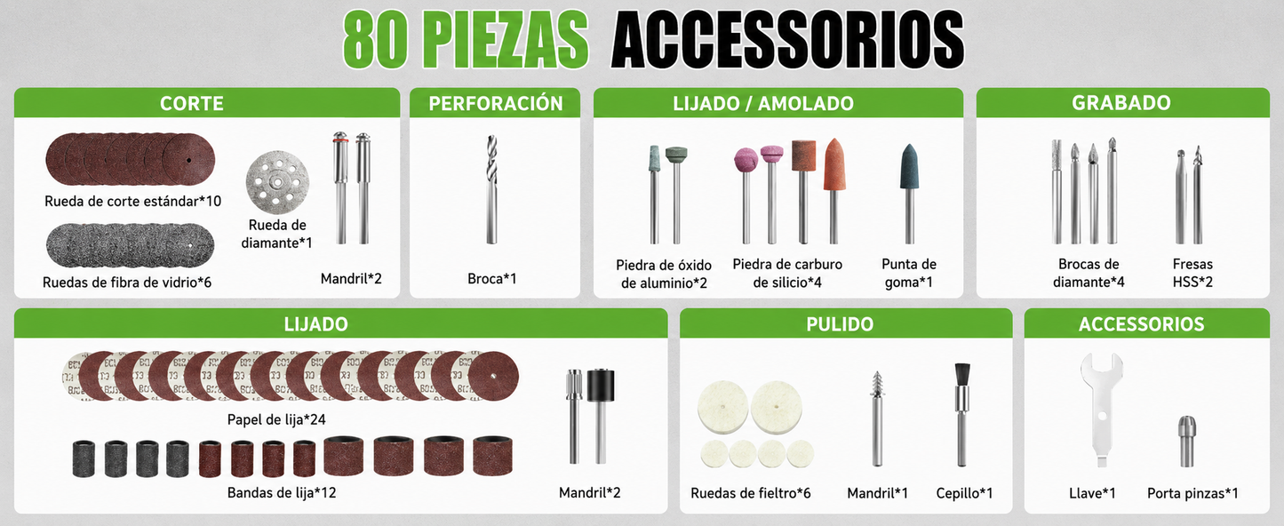 Mini Torno Inalámbrico con kit de accesorios 80 piezas