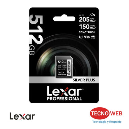 Tarjeta de Memoria SD XC 512 GB  Lexar Silver Plus 205MB/s
