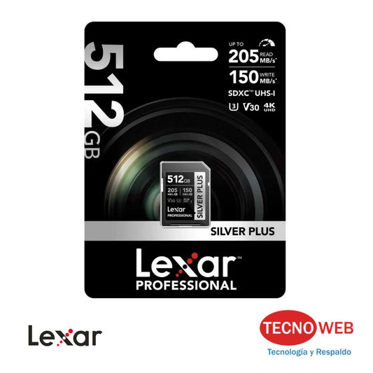 Tarjeta de Memoria SD XC 512 GB  Lexar Silver Plus 205MB/s