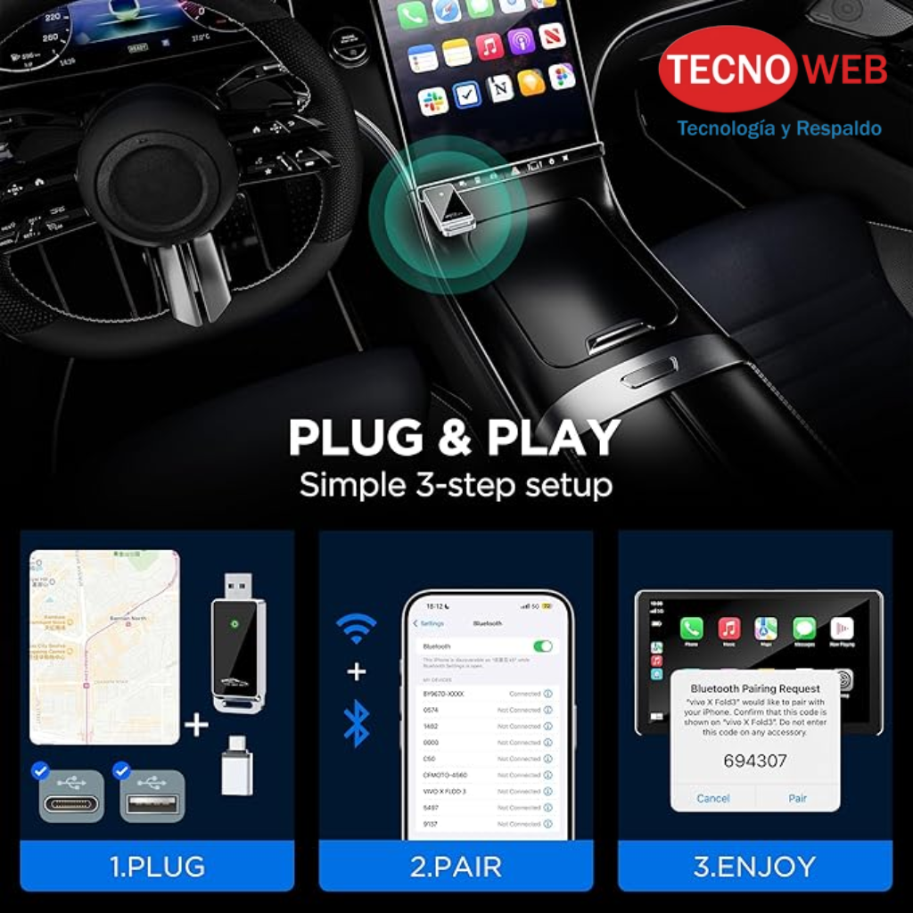 Adaptador inalámbrico CarPlay USB y USB -C  Bluetooth para Celular
