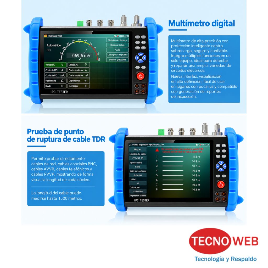 Tester Digital Camaras y Redes  7'' IPS  con Multímetro IPCXS-ACHT-MNORTV