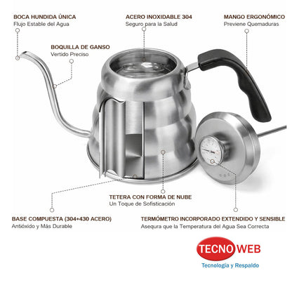Caldera Pava Cuello de Ganso con Termómetro Barista Café 1.2 L -  GRIS