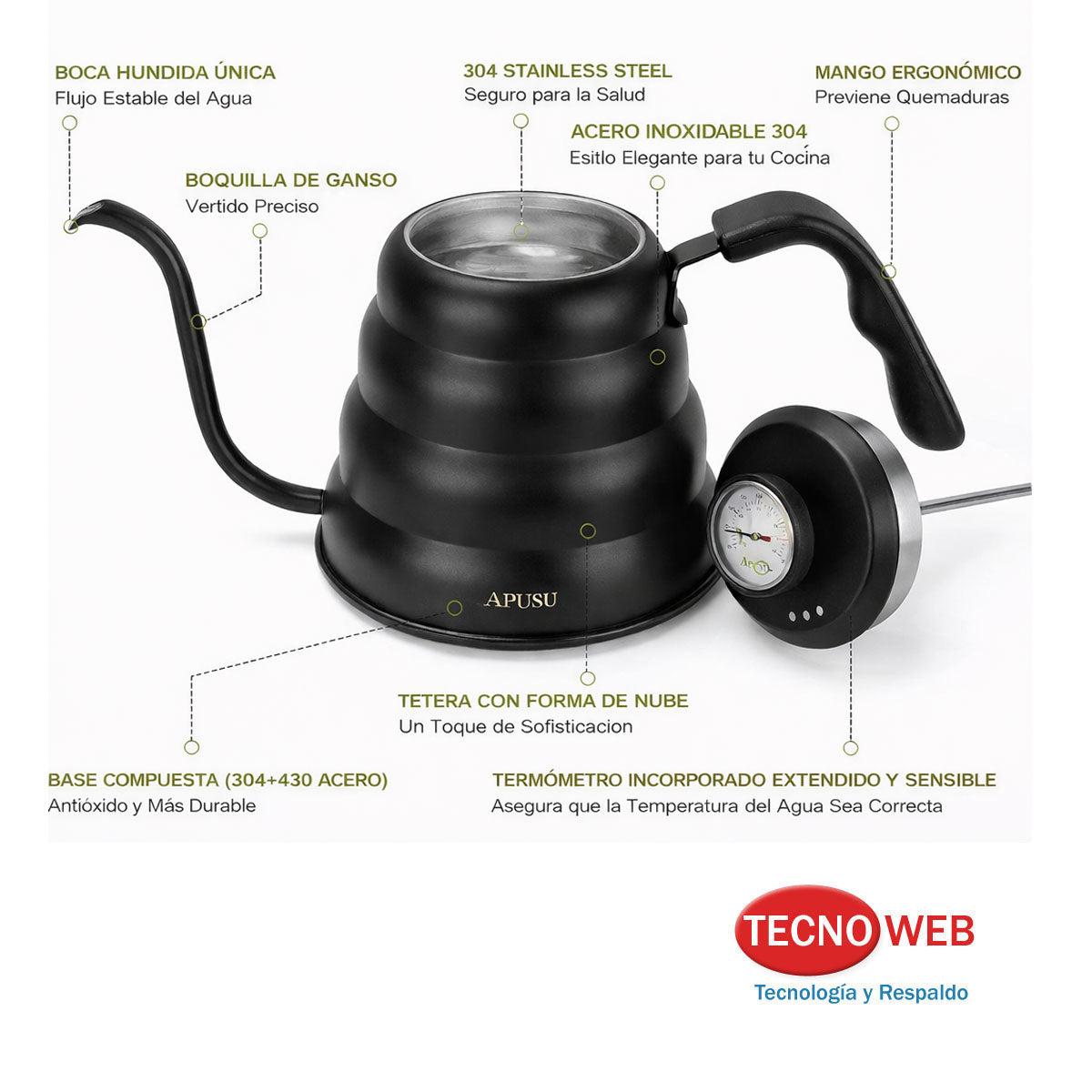 Caldera Pava Cuello de Ganso con Termómetro Barista Café 1.2 L -  NEGRO