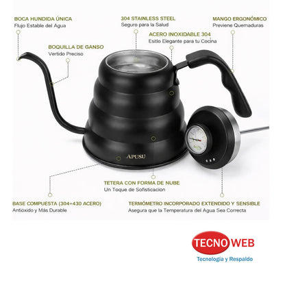 Caldera Pava Cuello de Ganso con Termómetro Barista Café 1.2 L -  NEGRO